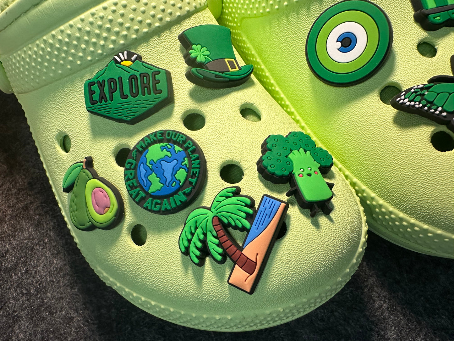 Green Theme Fancy shoe charms planet avocado broccoli hat coconut tree and more