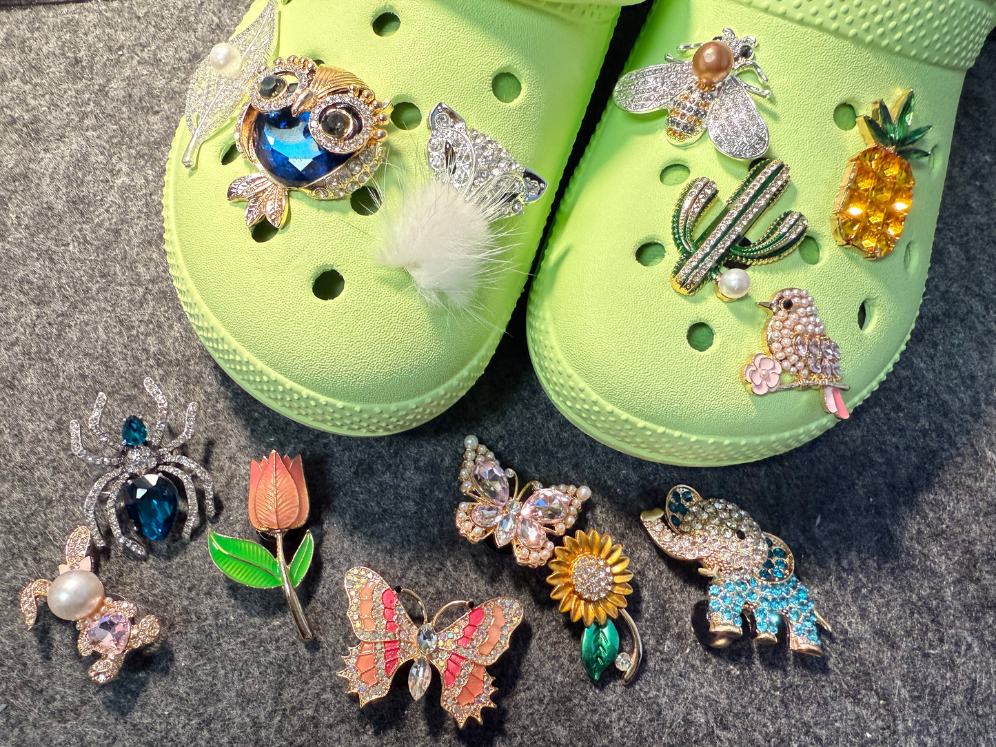 Fancy Metal GEM Rhinestone Flowers Bird Butterfly Cactus Pineapple Owl Spider Elephant and more Shoes Charms for DIY Unique Special Shoes