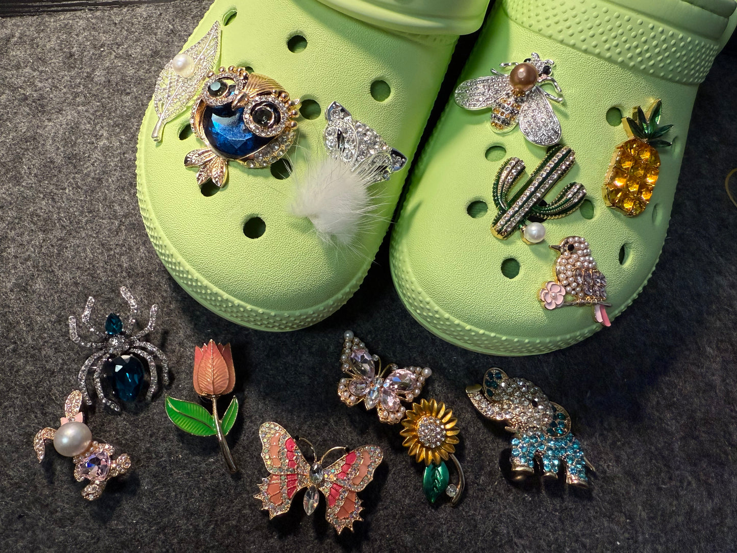 Fancy Metal GEM Rhinestone Flowers Bird Butterfly Cactus Pineapple Owl Spider Elephant and more Shoes Charms for DIY Unique Special Shoes