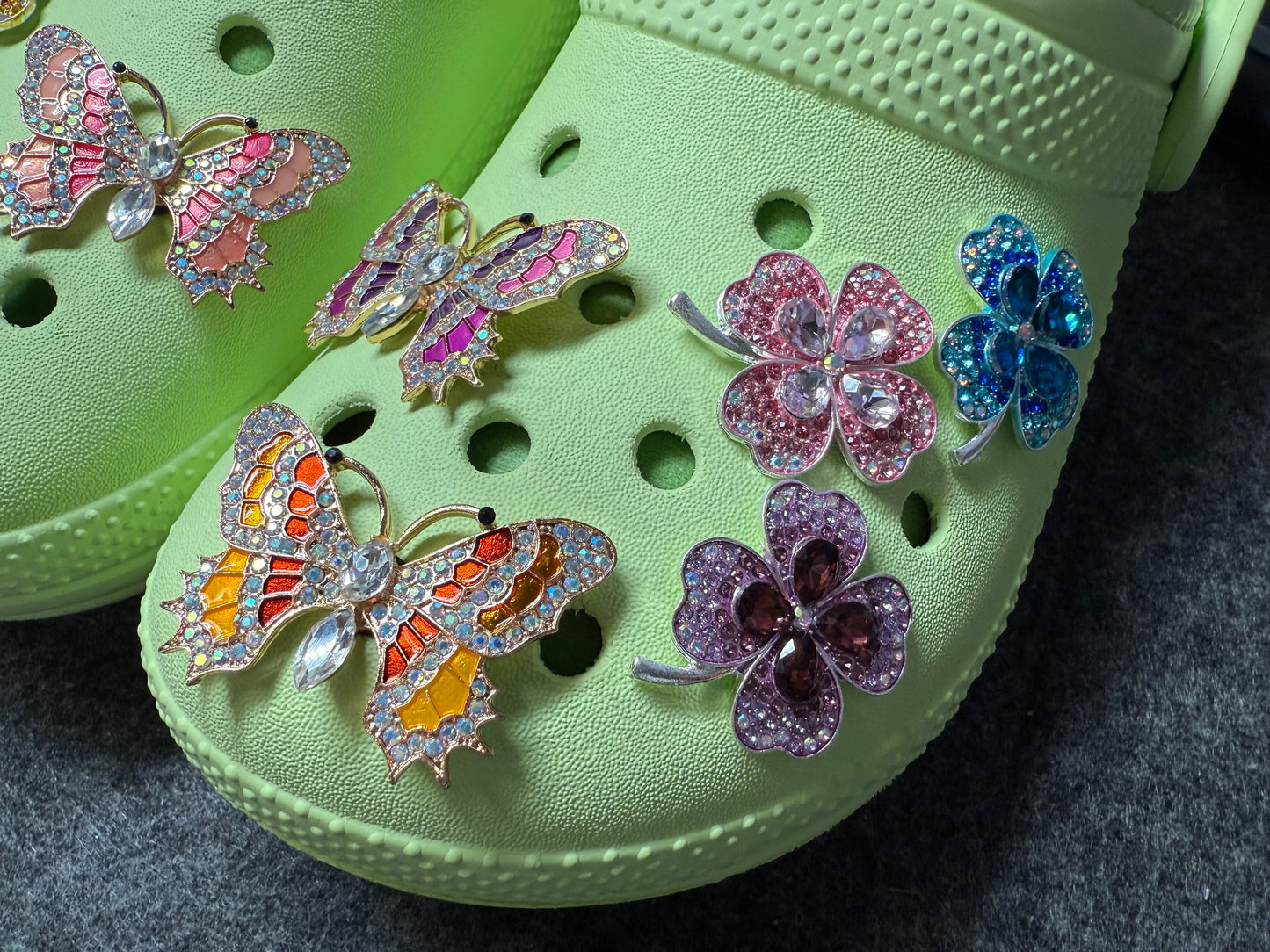 Bling Fancy Metal GEM Rhinestone Clover & Butterfly shoe charms for DIY Unique Special Shoes