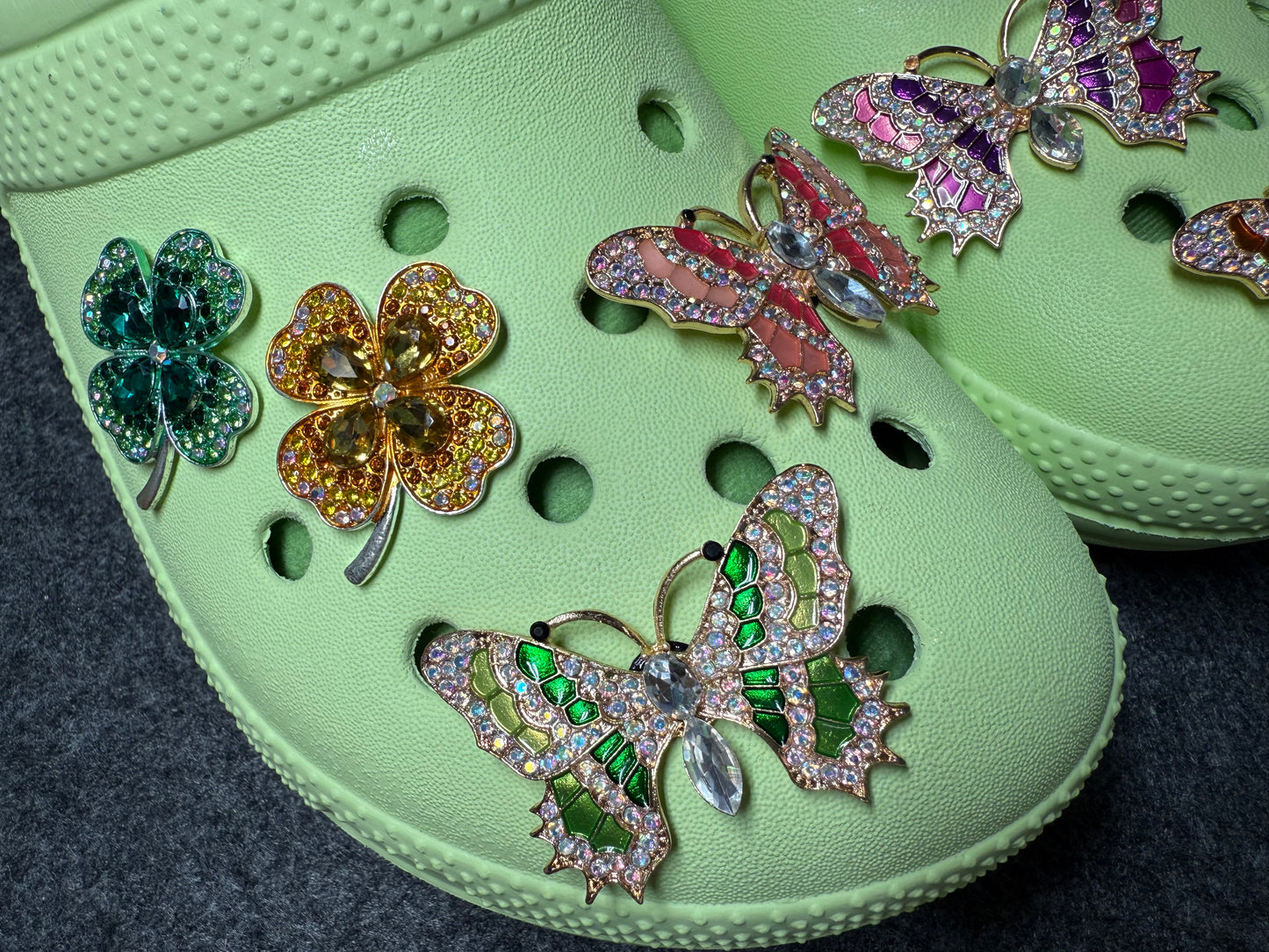 Bling Fancy Metal GEM Rhinestone Clover & Butterfly shoe charms for DIY Unique Special Shoes