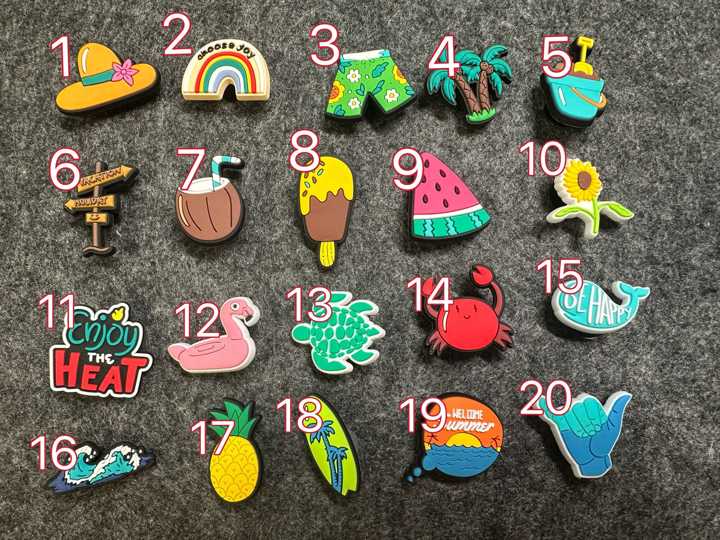 Hot Summer Theme Fancy shoe charms Vacation beach sand surfing and more