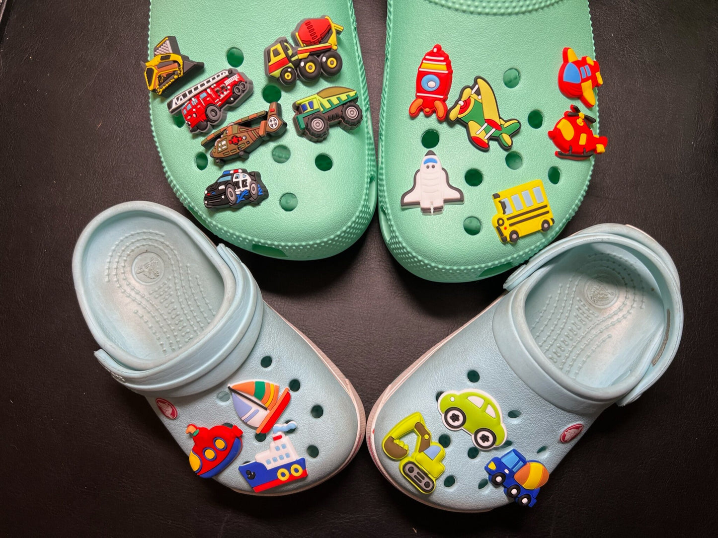 Cartoon Vehicle Transportation shoe charms schoolbus helicopter construction boat car excavator plane and more