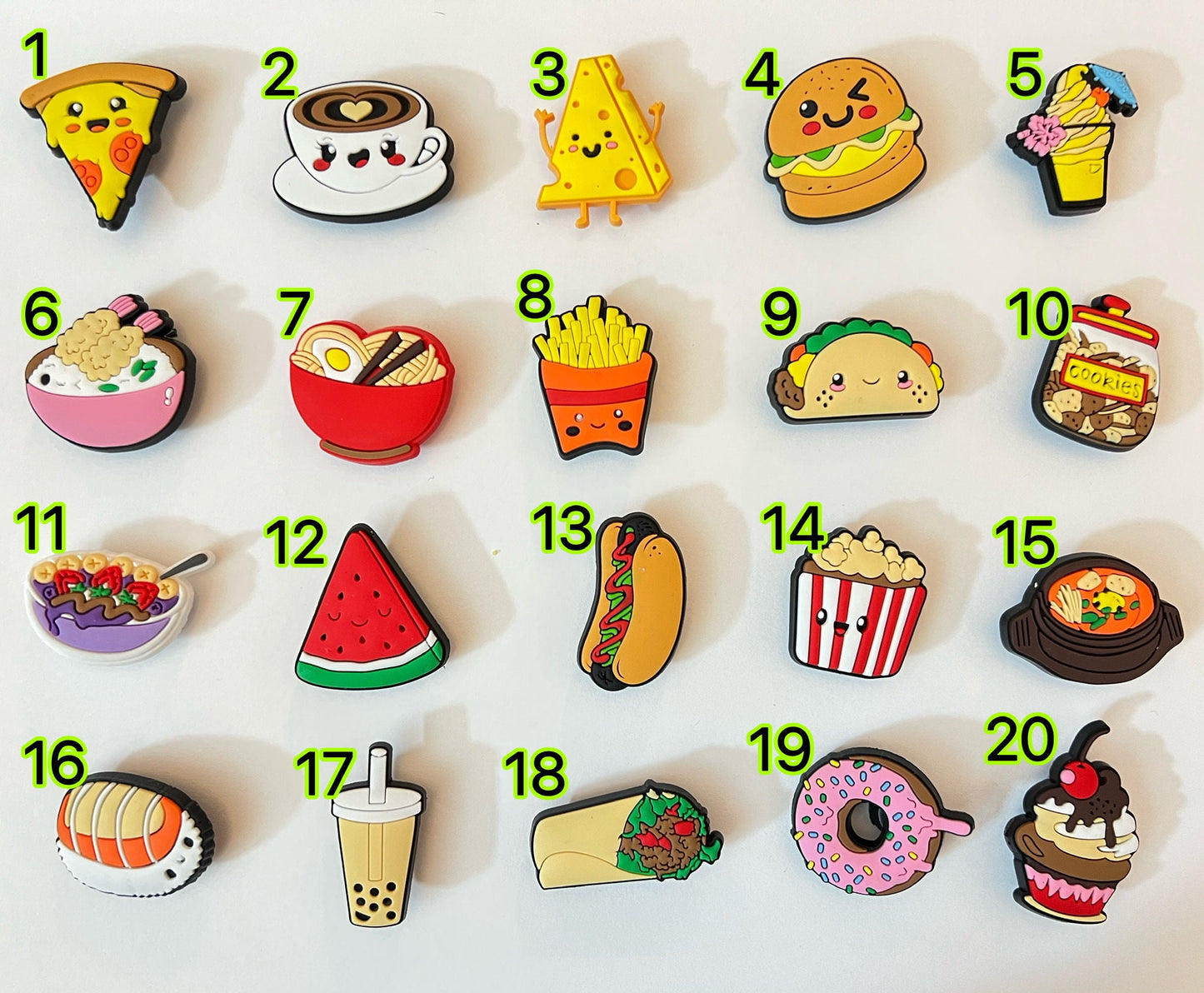 Tema de diseño de comida deliciosa Pizza Papas fritas Café Sandía Hot Dog Sopa de ramen sushi Palomitas de maíz y más adornos para zapatos