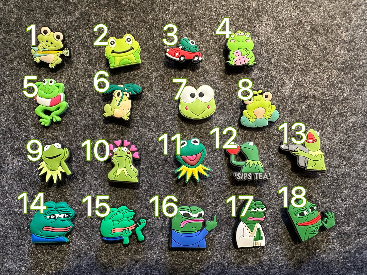 Green Frog silly frog sad frog Design Shoe Charms Best Quality JuliesDecalDesign