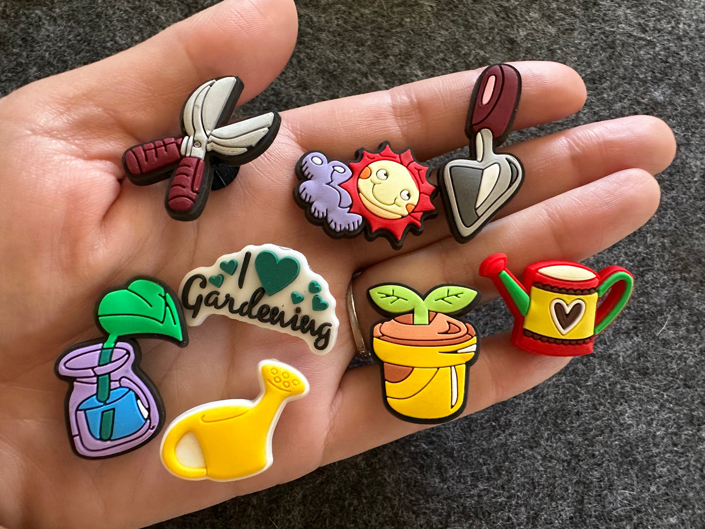 Gardening Theme Fancy shoe charms seeds tools sunshine and more