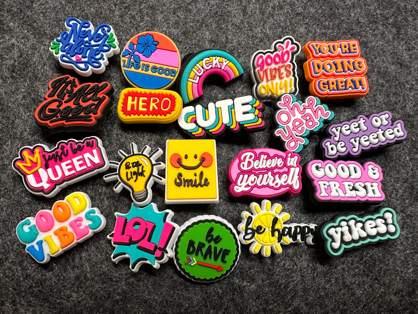 Good Words Inspiring Words be happy be kind believe in yourself Good Vibes lucky yeet be happy be brave and more shoe charms