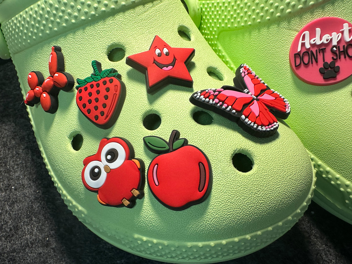 RED Theme Fancy shoe charms strawberry apple mushroom lipstick owl star butterfly car and more