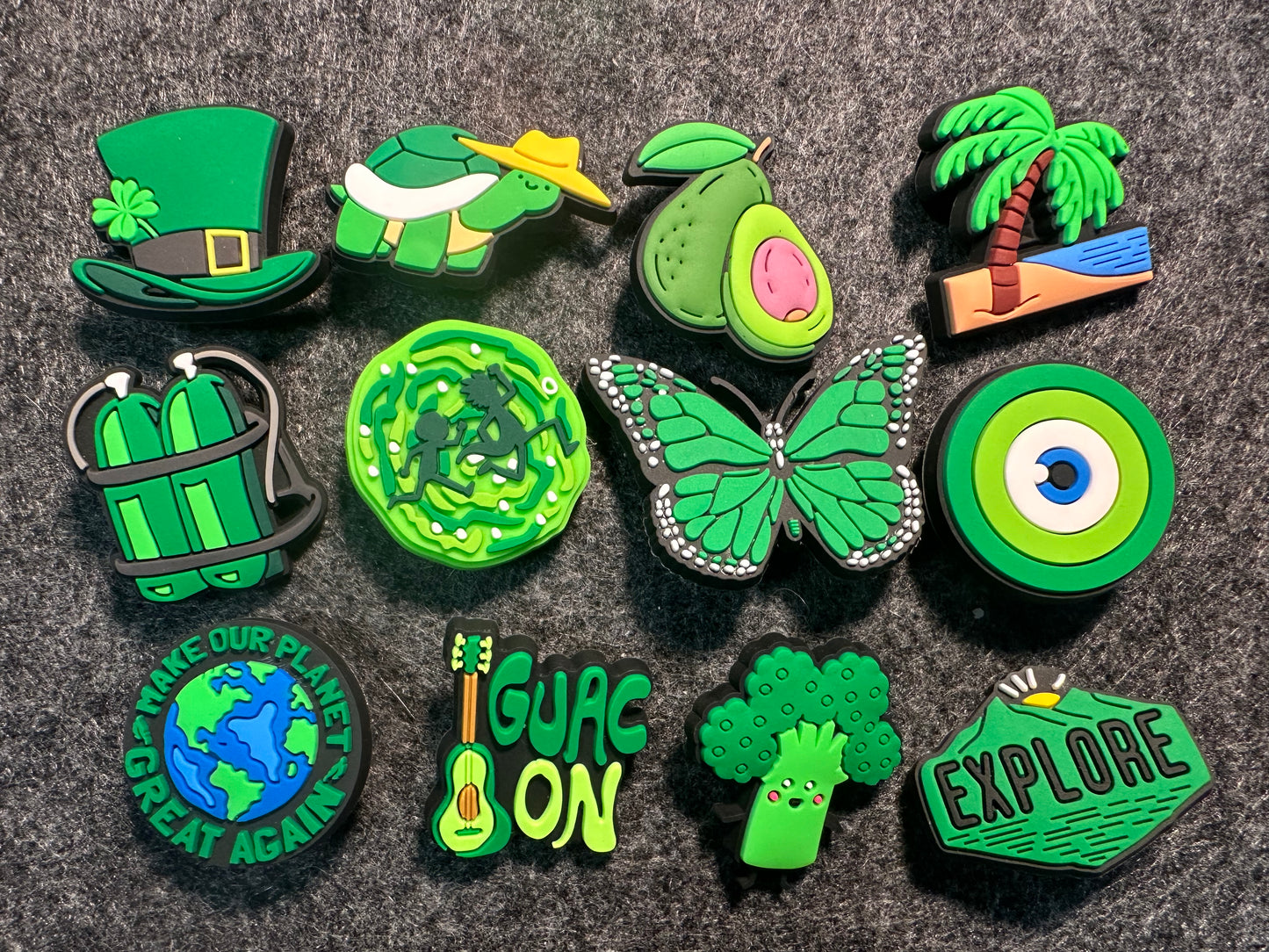 Green Theme Fancy shoe charms planet avocado broccoli hat coconut tree and more