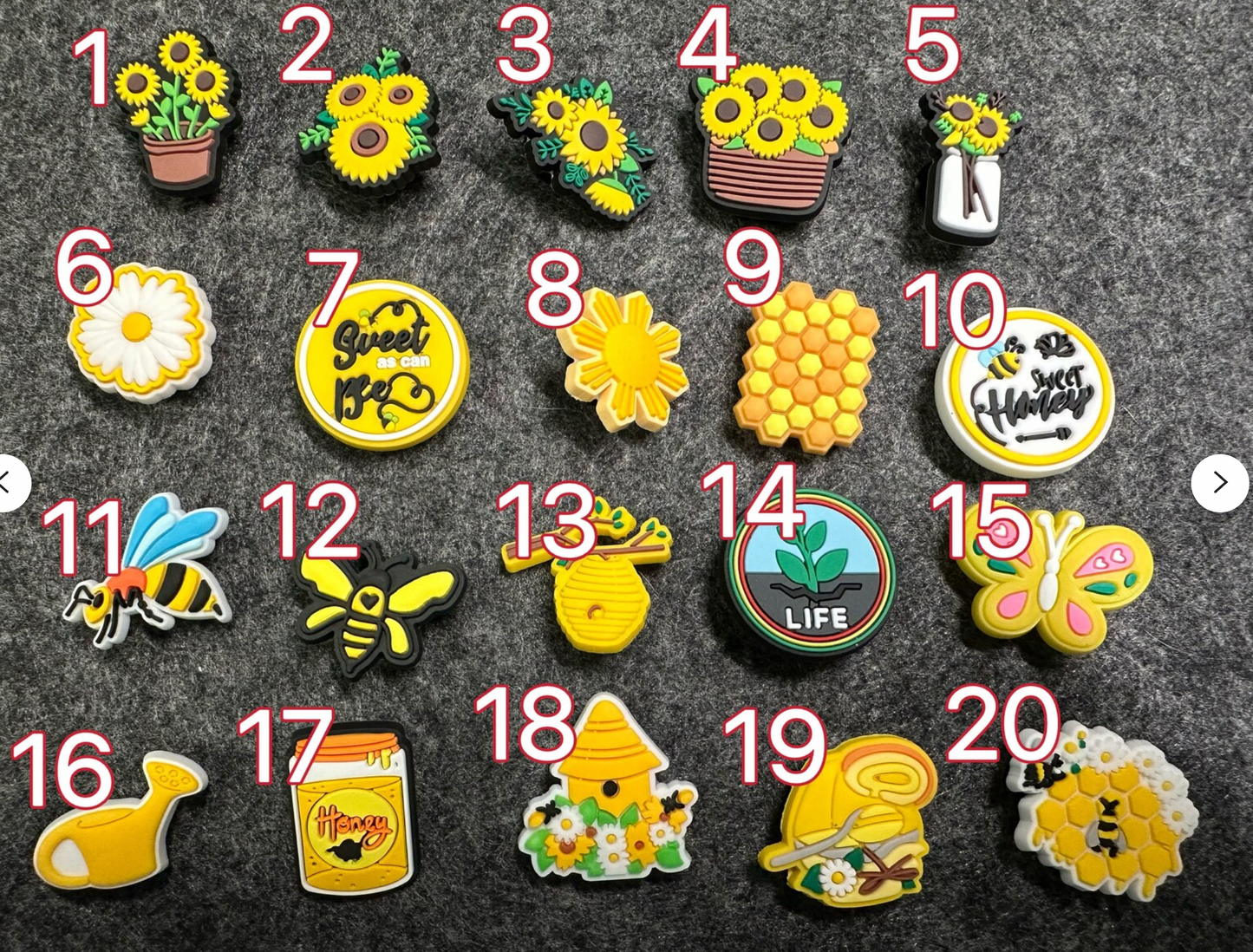 Honey Bee Happy Theme Fancy shoe charms brighten yellow sunflower butterflies and more