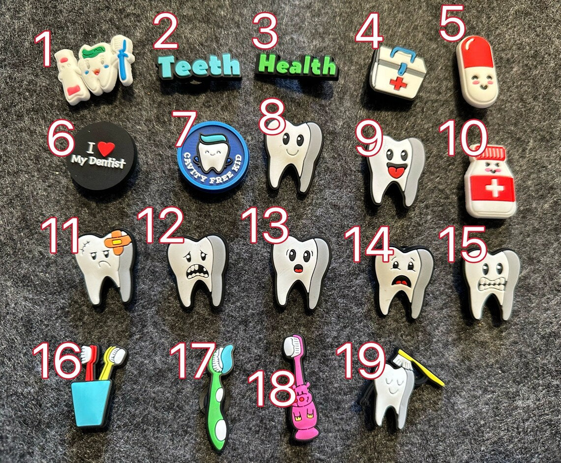 Dientes lindos Dientes Dentista para niños Revisar el diseño del cepillo de dientes Amo el tema de mi dentista y más adornos para zapatos