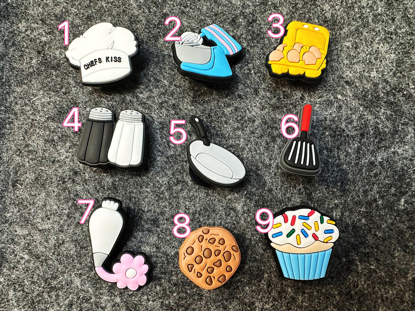 Cooking and Baking Chef Theme Fancy shoe charms pan mixer eggs Spatula Pastry bag chef hat and more