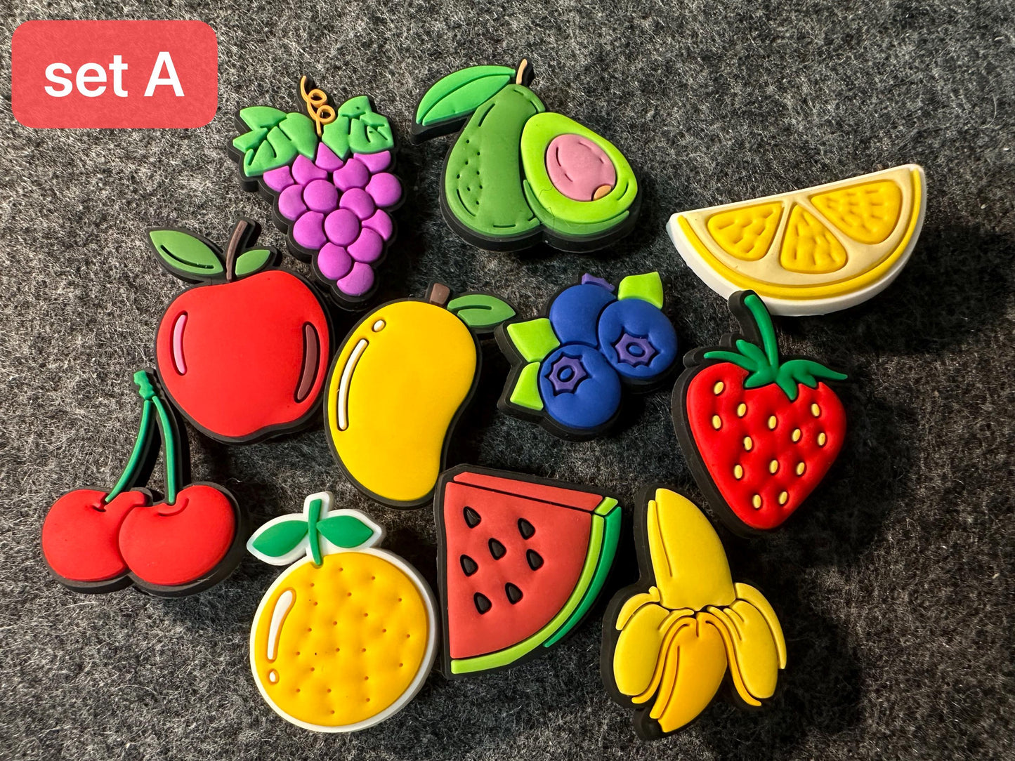 Yummy Fruits Design Theme Apple Banana Strawberry Cherry Blueberry Watermelon Avocado and more shoe charms