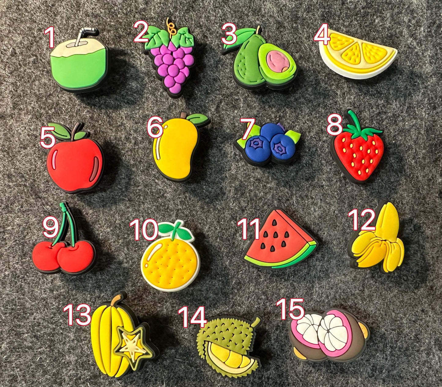 Yummy Fruits Design Theme Apple Banana Strawberry Cherry Blueberry Watermelon Avocado and more shoe charms