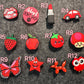 RED Theme Fancy shoe charms strawberry apple mushroom lipstick owl star butterfly car and more