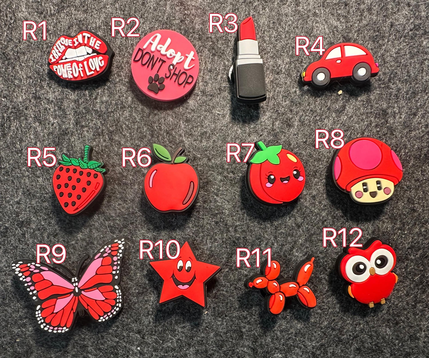 RED Theme Fancy shoe charms strawberry apple mushroom lipstick owl star butterfly car and more