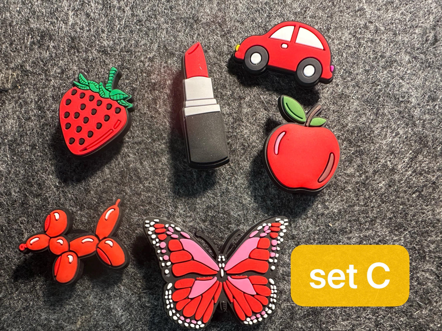 RED Theme Fancy shoe charms strawberry apple mushroom lipstick owl star butterfly car and more