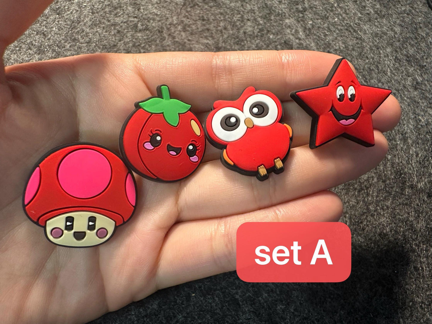 RED Theme Fancy shoe charms strawberry apple mushroom lipstick owl star butterfly car and more