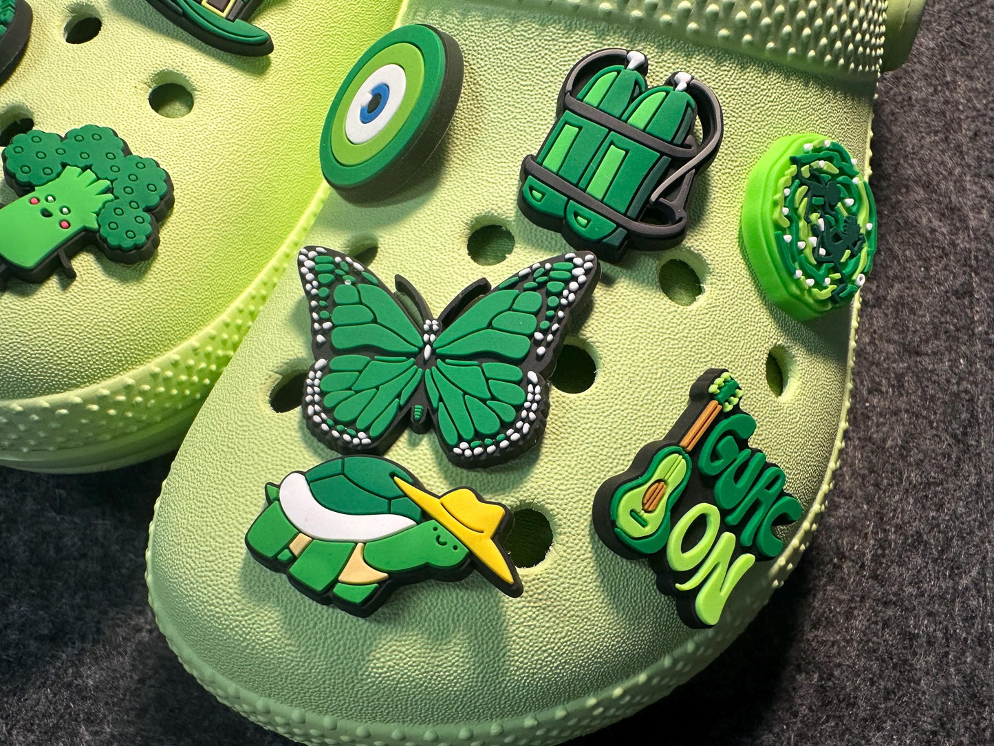 Green Theme Fancy shoe charms planet avocado broccoli hat coconut tree and more