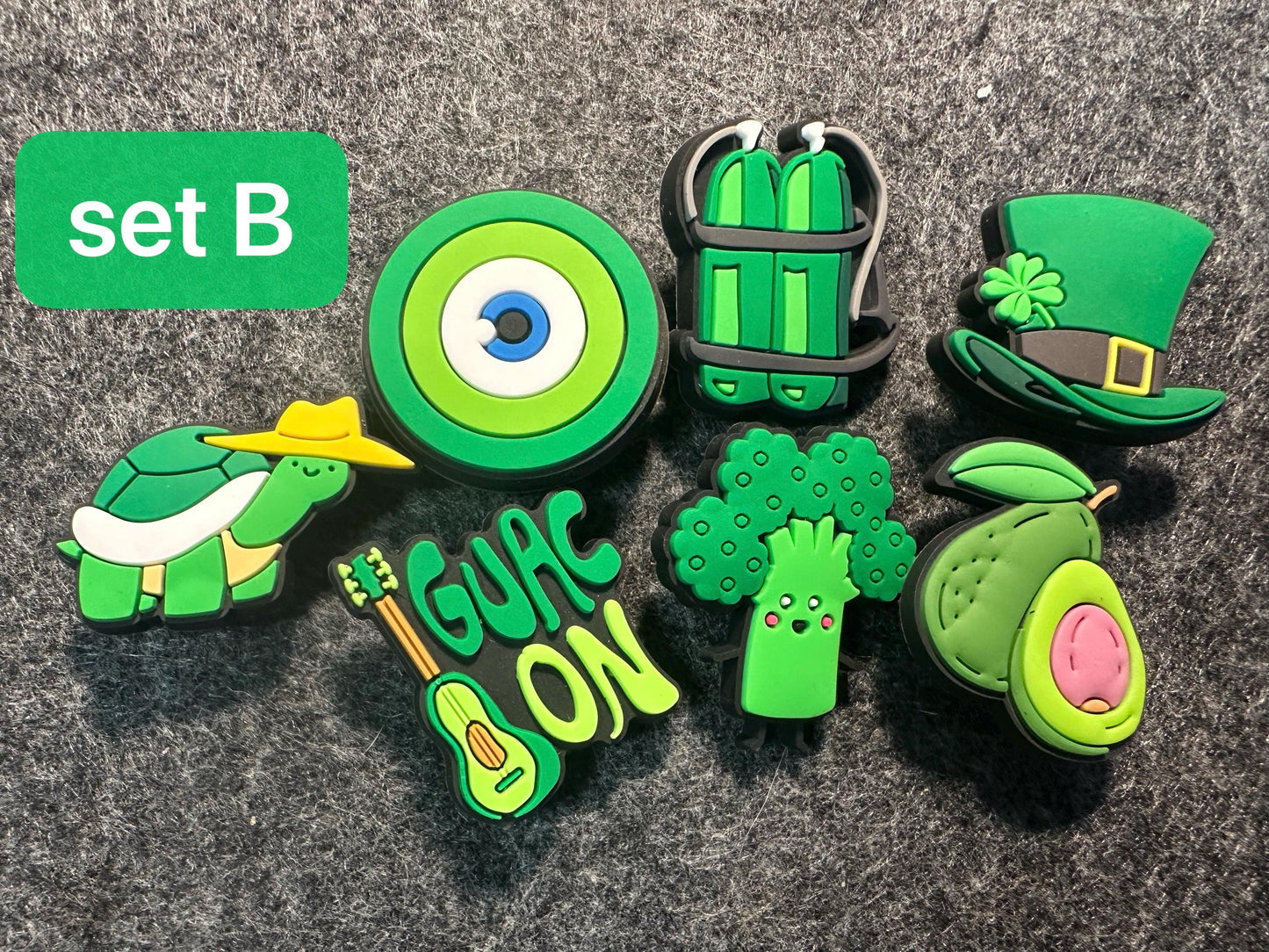 Green Theme Fancy shoe charms planet avocado broccoli hat coconut tree and more