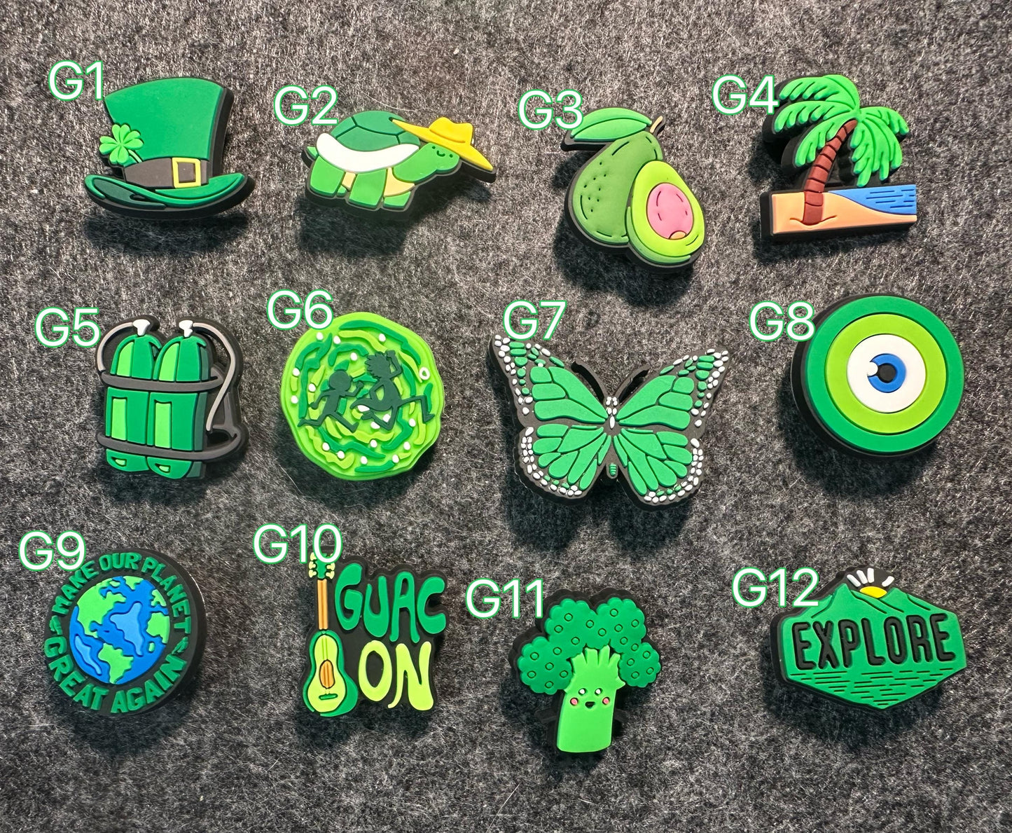 Green Theme Fancy shoe charms planet avocado broccoli hat coconut tree and more