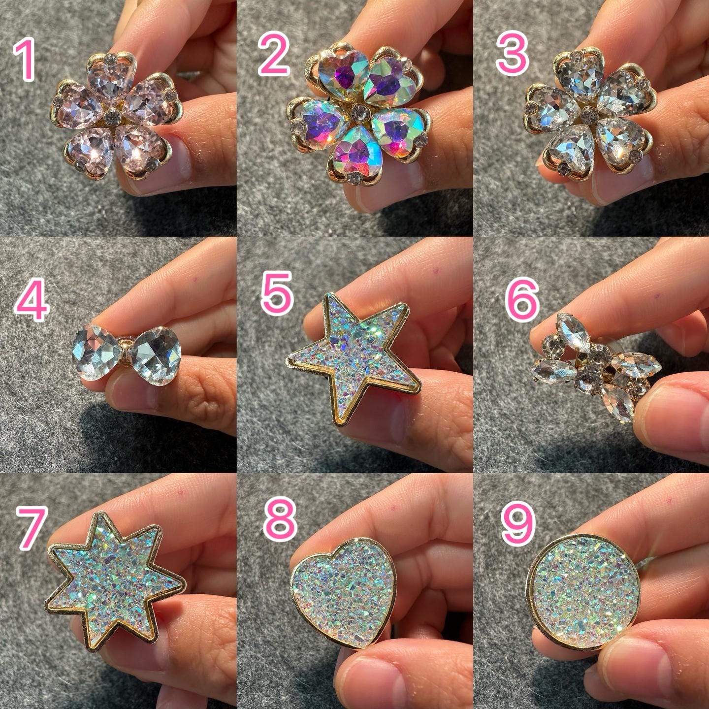 Bling Fancy Metal GEM Rhinestone Flowers round star heart bow and more Shoes Charms silver/golden for DIY Unique Special Shoes