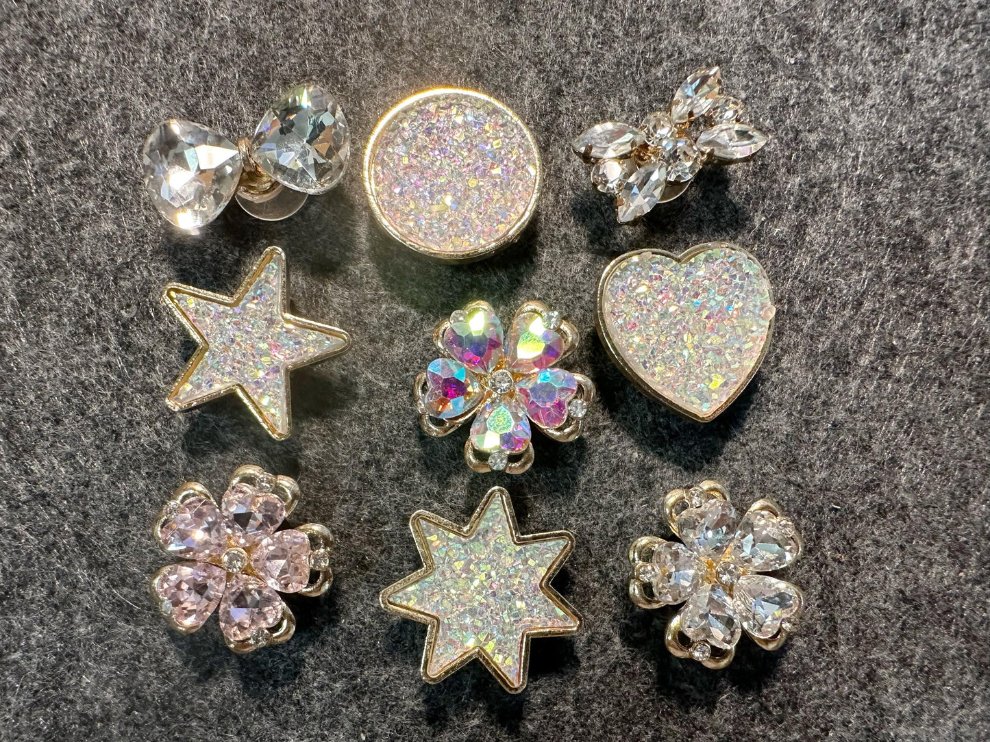 Bling Fancy Metal GEM Rhinestone Flowers round star heart bow and more Shoes Charms silver/golden for DIY Unique Special Shoes