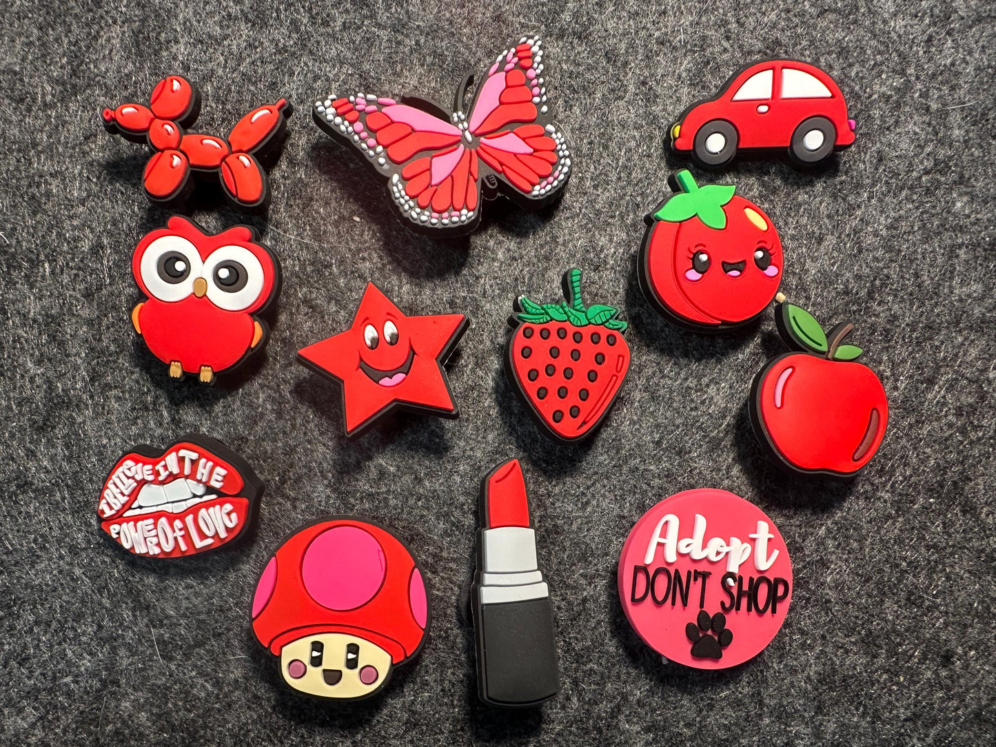 RED Theme Fancy shoe charms strawberry apple mushroom lipstick owl star butterfly car and more