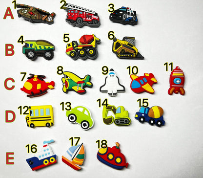 Cartoon Vehicle Transportation shoe charms schoolbus helicopter construction boat car excavator plane and more
