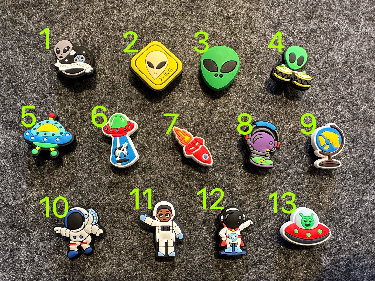 Cute Alien Space Astronaut Rocket Ship Globe Design Theme and more shoe charms