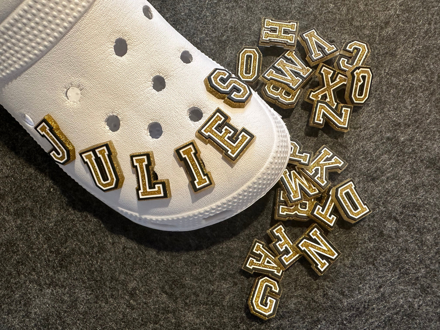 Shining Bling Design Gold and White Kids Alphabet Letter Shoe Charms Best Quality JuliesDecalDesign