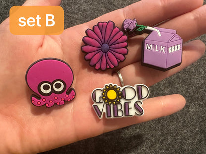 Adornos para zapatos elegantes con tema morado y rosa, buenas vibraciones y más