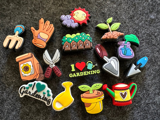 Gardening Theme Fancy shoe charms seeds tools sunshine and more
