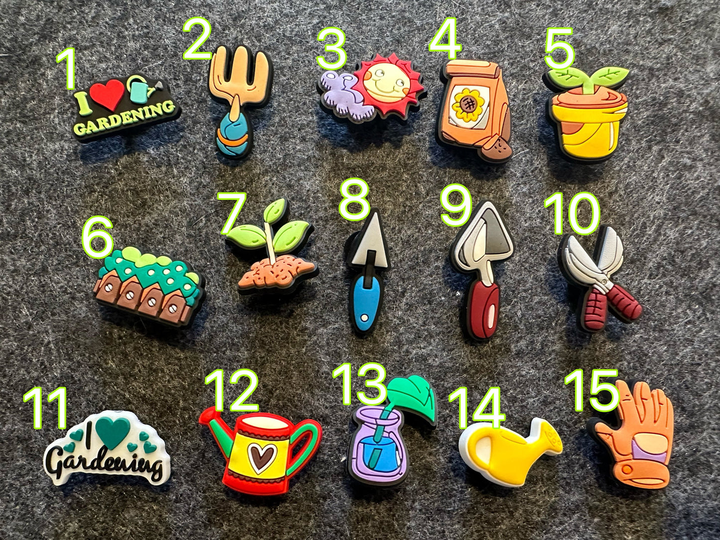 Gardening Theme Fancy shoe charms seeds tools sunshine and more