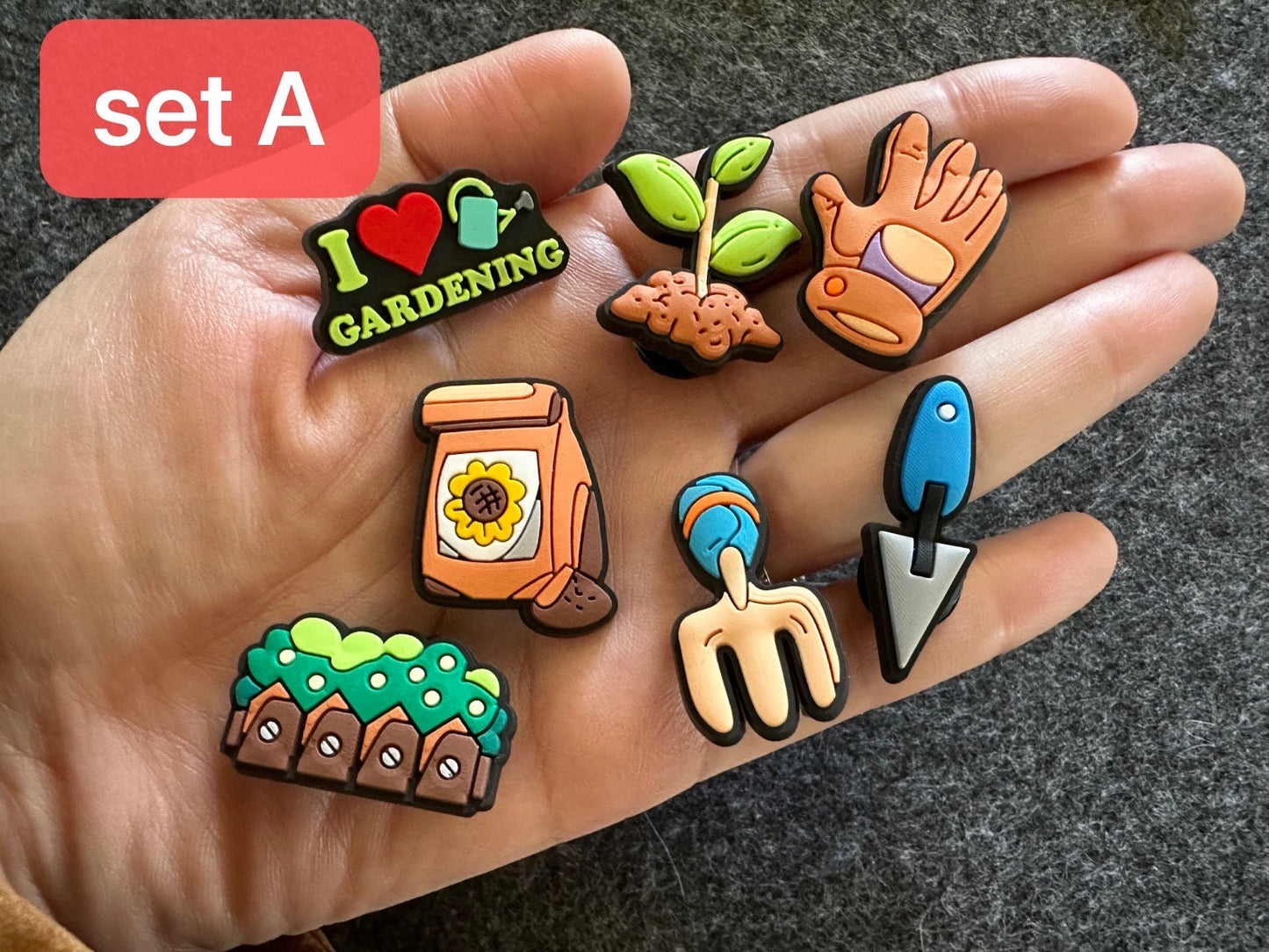 Gardening Theme Fancy shoe charms seeds tools sunshine and more