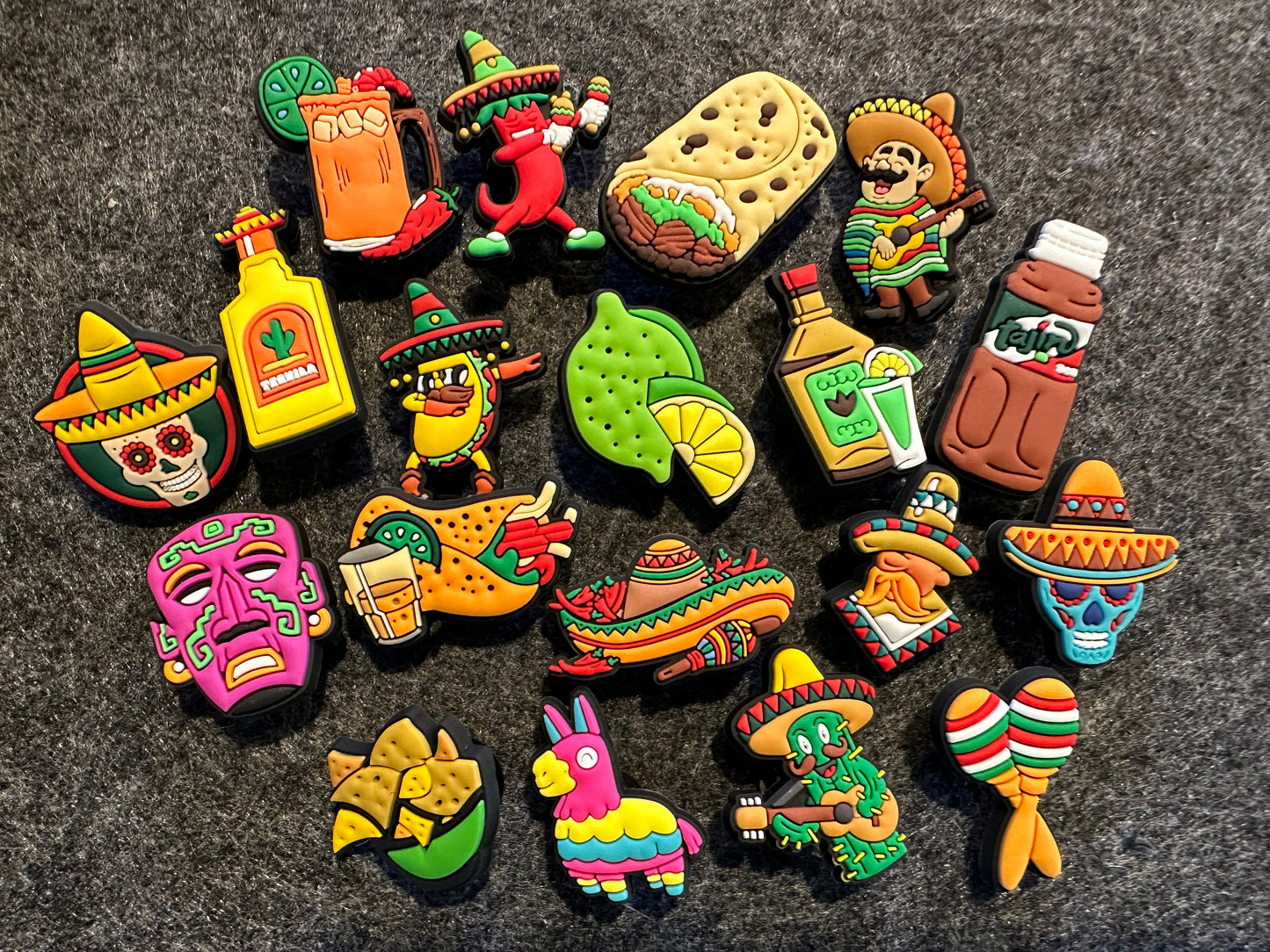 Mexican Hispanic Latino shoe charms taco lemon chilly sauce guitar pepper