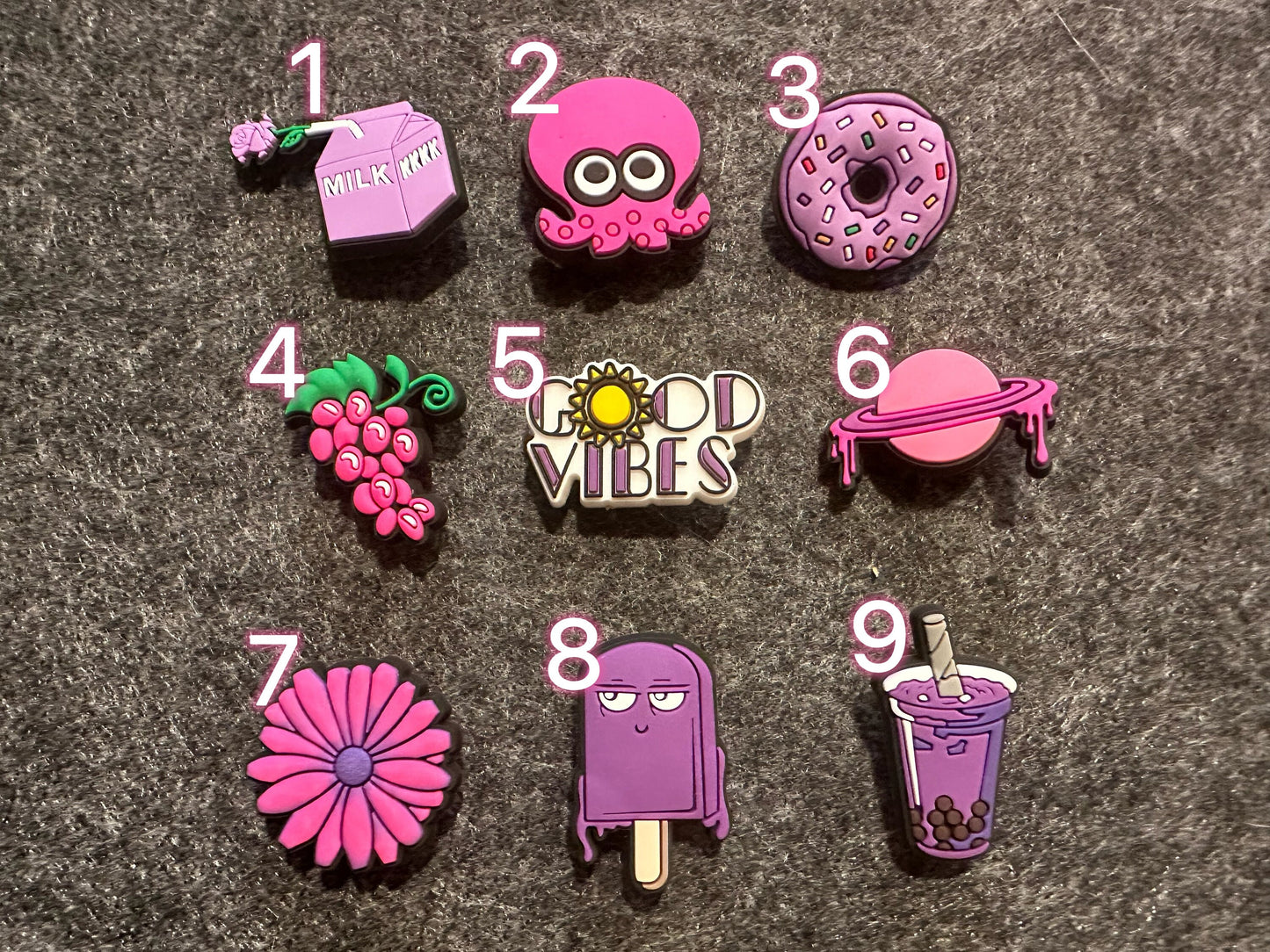 Purple and pink Theme Fancy shoe charms good vibes and more