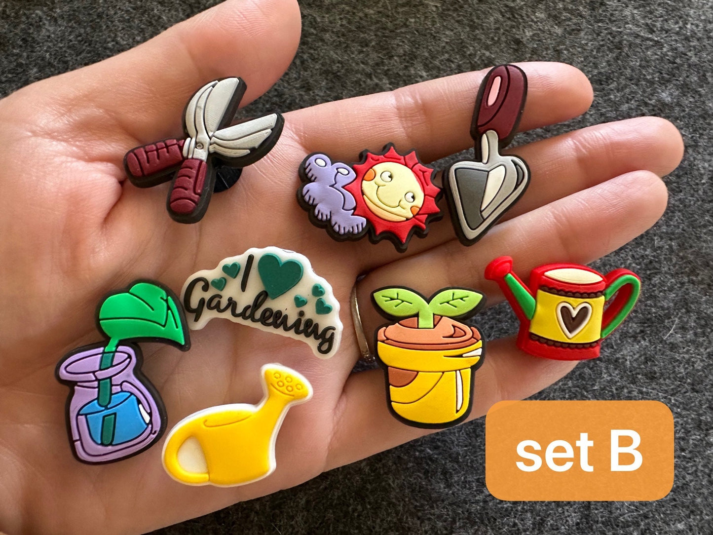 Gardening Theme Fancy shoe charms seeds tools sunshine and more