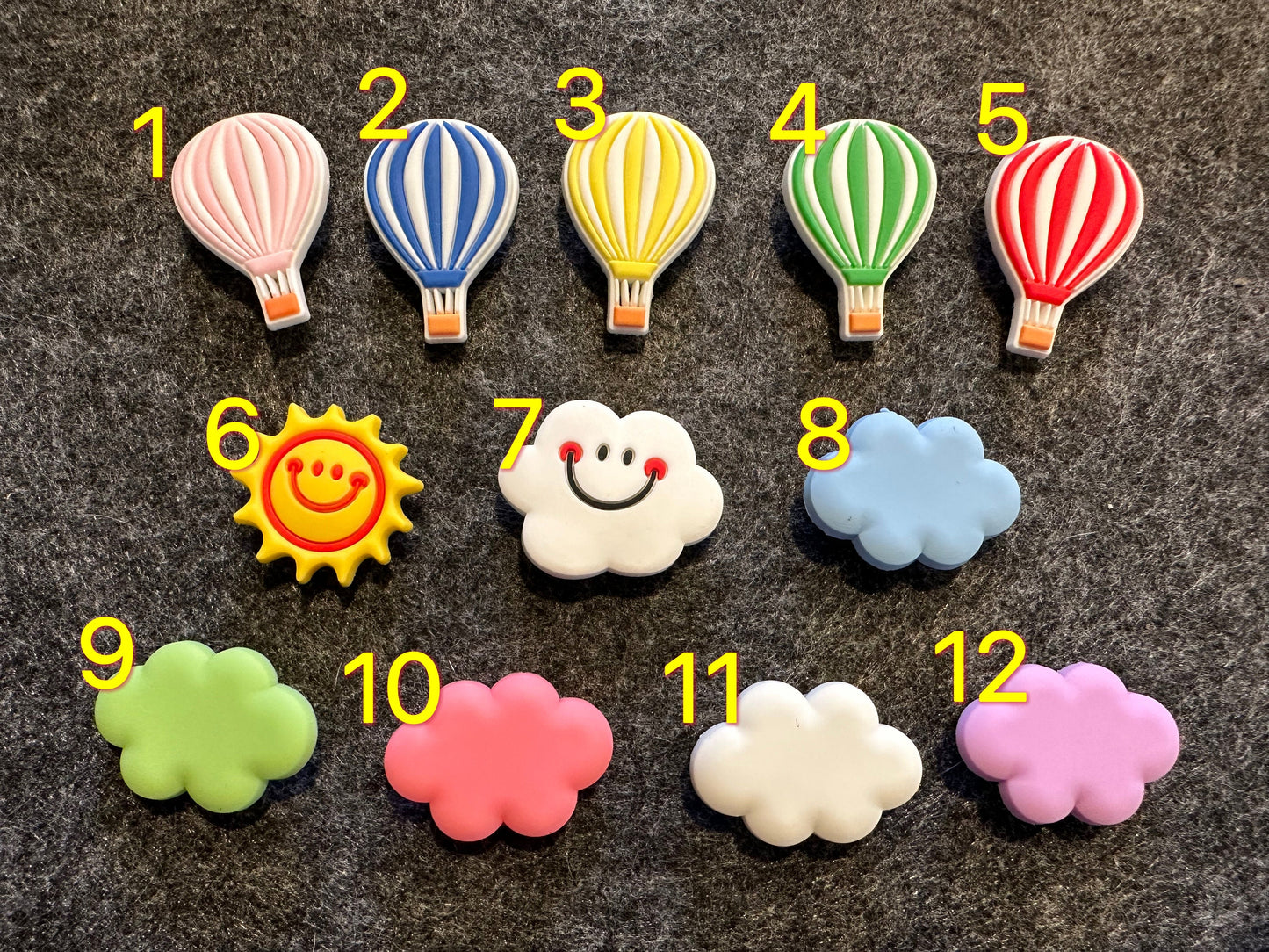 Colorful clouds sunshine hot air balloon Theme and more shoe charms