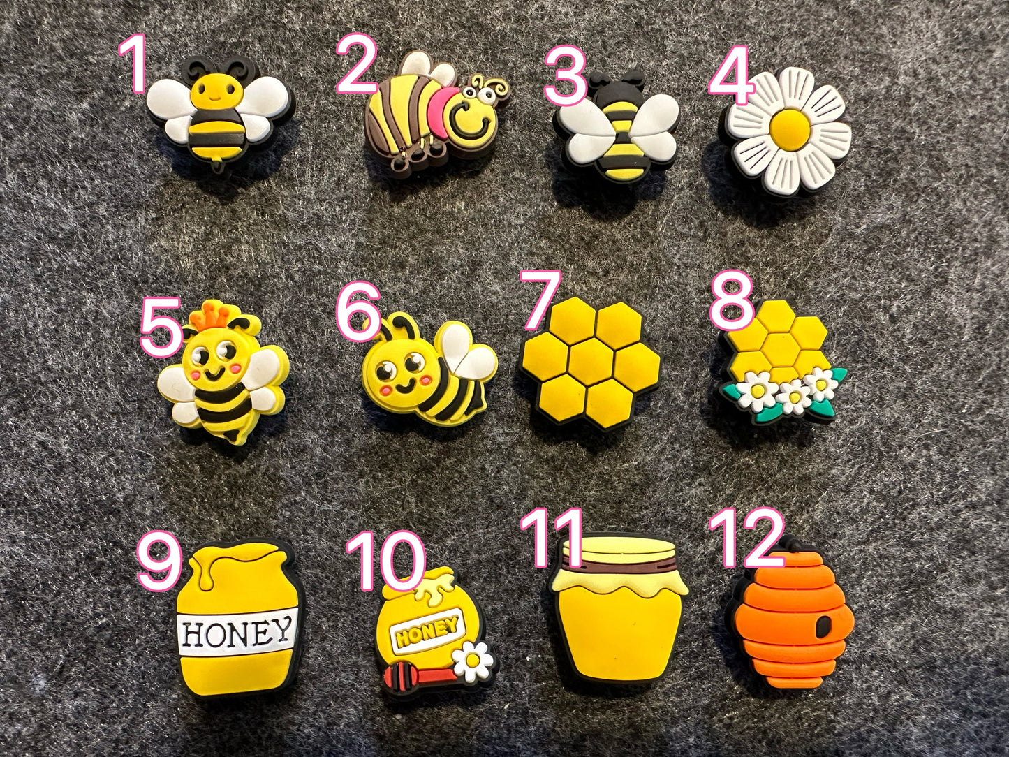 Honey Bee Happy Theme Fancy shoe charms brighten yellow sunshine smiling face and more