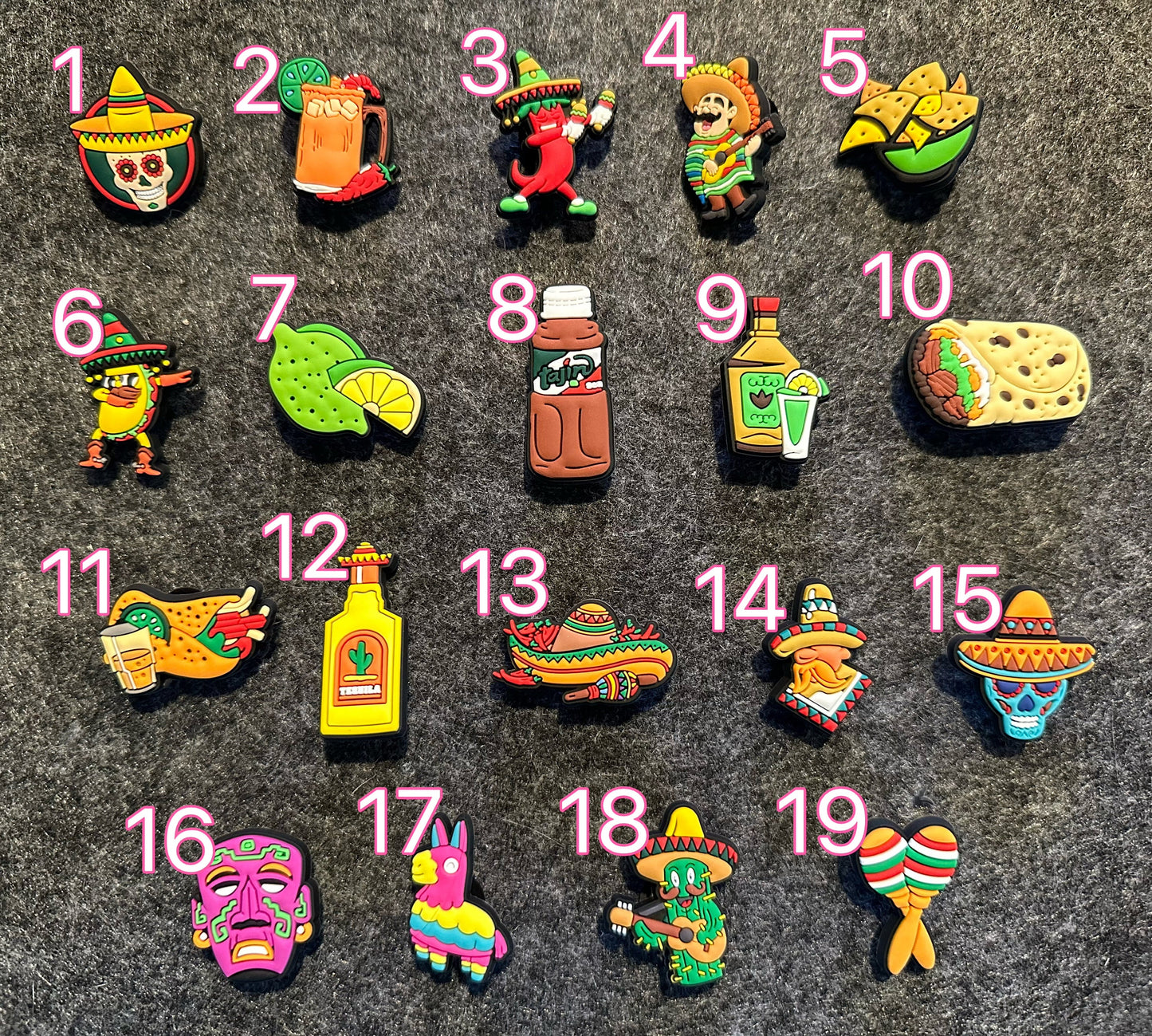 Mexican Hispanic Latino shoe charms taco lemon chilly sauce guitar pepper