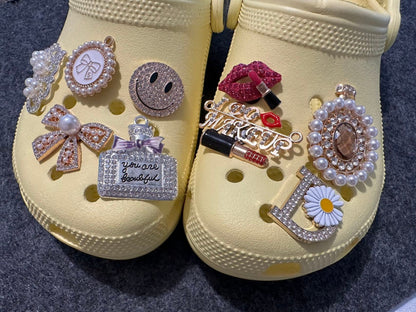 Metal GEM Daisy Bow perfume Crown smile makeup lipstick happy face Theme Unique Special Croc Shoes Valentines Day Gift